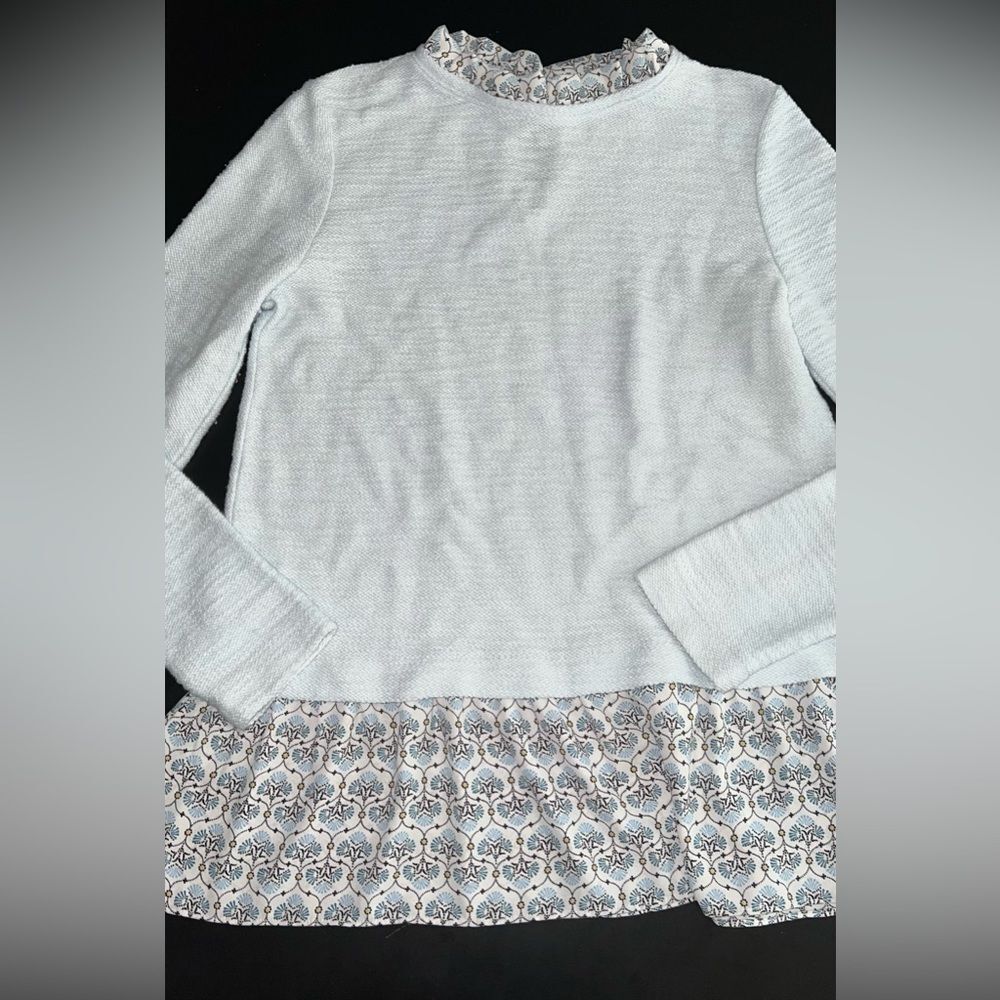 LOFT Light Blue Ruffled Collar Round Neck Long Sleeve Knit Top Size Small EUC